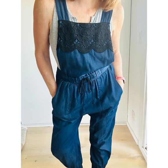 Anna Sui Denim Chambray Overalls Capri Size Small jogger bibs Vintage 90s Era - Picture 9 of 12
